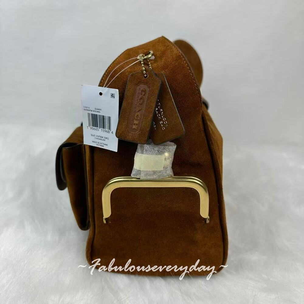 Coach Turnlock Haversack Bag Shoulder/Crossbody Suede Brass/Warm Brown CDZ13 NWT - Picture 3 of 13